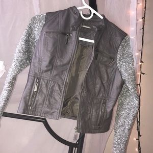 Burgundy Leather Jacket withe gray sweater sleeves